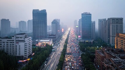 Obraz premium A high-angle view of a busy road in Beijing with light trails. Copy space.