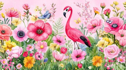 Obraz premium Flamingo Paradise Enchanting Watercolor Garden Blooms and Pink Hues Whimsical Delightful Serene Captivating Pastel Colors