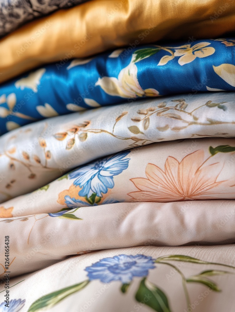 Aufkleber Close up view of patterned fabrics showcasing floral designs and vibrant colors with space for additional text. Generative AI
