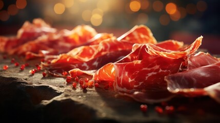 Sliced jamon on a table with red pomegranate seeds