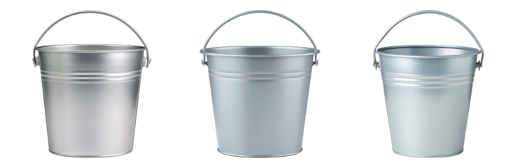 Three Silver Buckets with Metal Handles in Row Isolated on transparent background