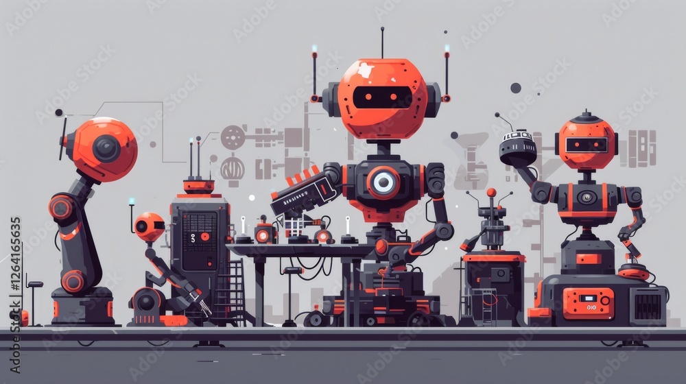 Poster a dynamic illustration of a robotic assembly line, showcasing futuristic ai-driven machines and mech
