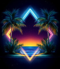 A tropical scene with a blue ocean and two palm trees. The palm trees are lit up in neon colors