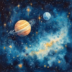 Naklejka premium Watercolor colorful planets and stars in space illustration