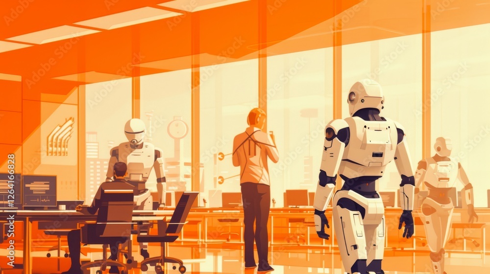 Poster a futuristic office where humanoid robots and humans collaborate in a sleek, high-tech workspace, il