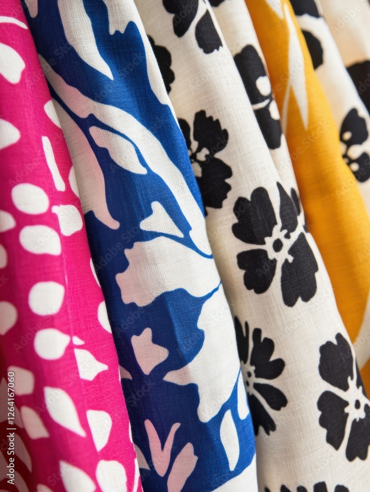 Aufkleber Vibrant close up of patterned fabrics showcasing floral and geometric designs with space for text or branding. Generative AI