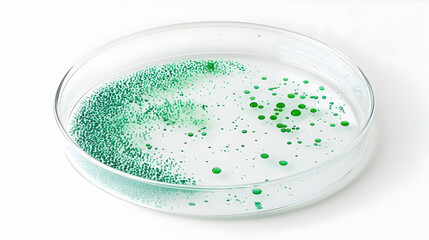Microalgae Culture Sample Displayed in a Clear Petri Dish with Green Particles Highlighting Sustainable Biotechnology Practices and Environmental Research