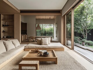 Serene living room blends seamlessly with an outdoor garden