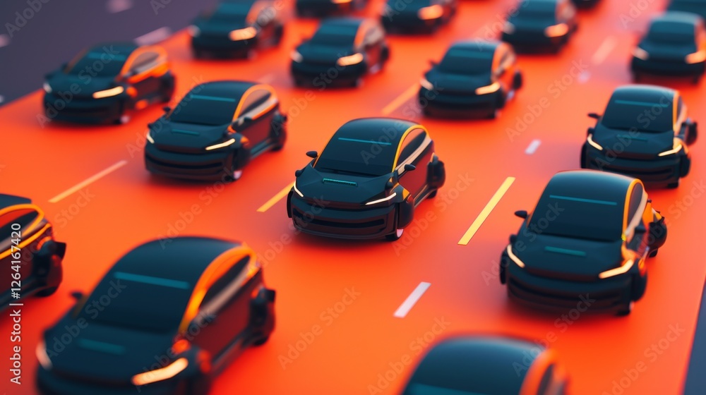 Poster a dynamic view of black ai-powered vehicles on a glowing futuristic highway, representing next-gener