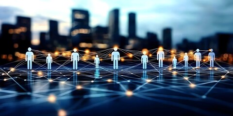 Corporate networking event urban city digital connections nighttime modern global business collaboration