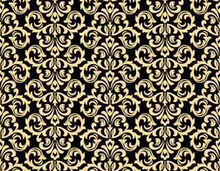 Floral pattern. Seamless vector background. Vintage wallpaper in the Baroque style. Golden and black ornament for fabric, wallpaper, packaging. Ornate Damask flower illustration