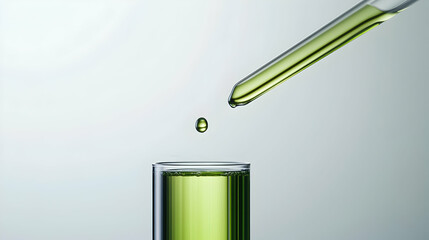 Pipette Dropping Microalgae Extract Into Test Tube In A Laboratory Setting With A Minimalist Green Aesthetic And Focus On Scientific Innovation