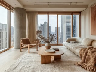 Fototapeta premium Modern apartment living room with city views and earthy tones