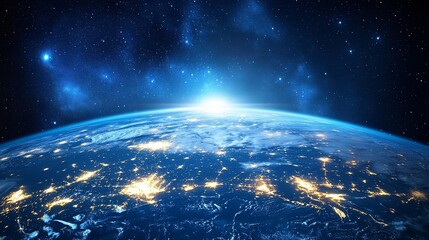 Obraz premium Earth from space at night with city lights and sunrise illuminating the horizon