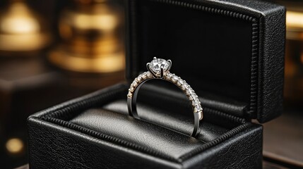 Elegant diamond engagement ring displayed in a luxurious black box with golden accents