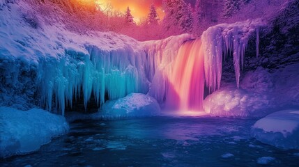 A frozen waterfall shimmering under the celestial glow of the northern lights, with icicles reflecting the vibrant colors of the sky, creating an enchanting winter spectacle.