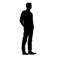  Silhouette of a Man Standing in Full Length with Hands in His Pockets, Facing Sideways – A Representation of Mystery, Confidence, and Contemplation