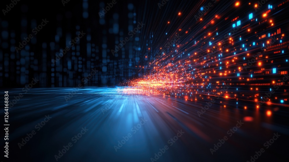 Poster abstract visual of glowing particles and data streams in vibrant blue and orange on dark background