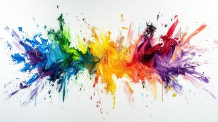 Fototapeta premium A lively, abstract paint explosion in vivid rainbow hues, splattering chaotically across a smooth white background, creating a joyful and expressive design