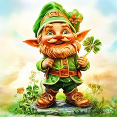 Naklejka premium Cute Leprechaun fairy and green decorations of St. Patrick’s Day.