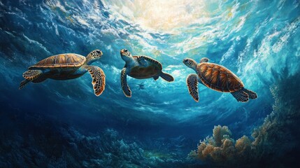 Obraz premium A magical moment under the sea as three sea turtles swim gracefully above a coral reef, their movements synchronized with the rhythm of the ocean waves