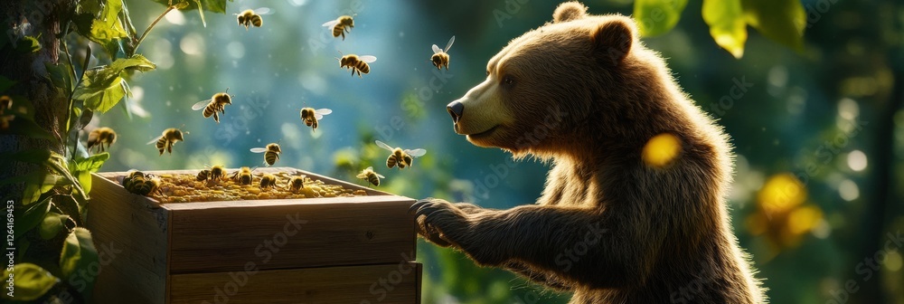 Poster Bear interacts with bees at a hive in a lush forest during golden hour light. Generative AI