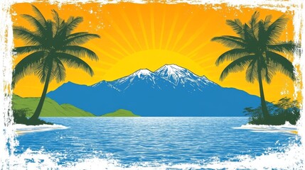 Obraz premium Tropical Beach Paradise Illustration with Palm Trees Sea and Mountain at Sunset Ideal for Summer Vacation Background and Decoration