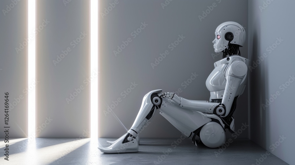 Poster a sleek, white humanoid robot sits against a wall, illuminated by vertical light panels. the futuris