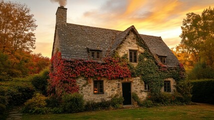 Fototapeta premium A medieval-style stone cottage covered in creeping ivy, set in a fiery autumn woodland, gentle chimney smoke curling against a golden twilight sky.