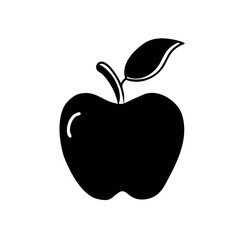 Black Apple Icon with a Leaf on a White Background, Round Shape with a Small Indentation. Simplicity, Nutrition, Health, Freshness, Organic, Minimalist Design, Symbolism, Clean Lines, Wholesome, Natur