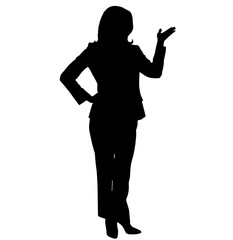 Silhouette of a Businesswoman in a Suit with One Hand on Hip, the Other Raised. Communication, Leadership, Presentation, Confidence, Professionalism, Authority, Strategy, Decision-Making, Influence, S