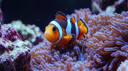 Vibrant clownfish swimming among colorful sea anemones in a lively coral reef ecosystem