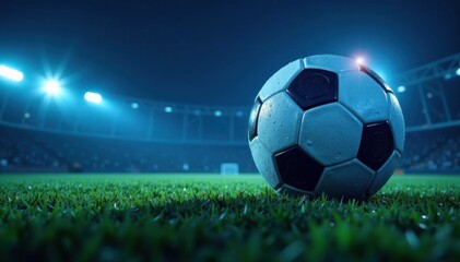 Fototapeta premium Radiant Soccer Ball in Blue Night Sky , glowing ball, neon light, radiant