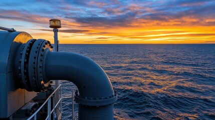 Industrial Water Pipe Against an Expansive Sunset Over the Calm Ocean Surface