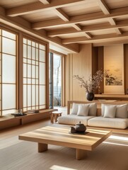 Fototapeta premium Serene japanese interior featuring wooden elements and natural light