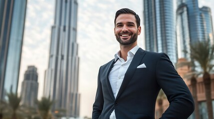 Smiling businessman in a formal suit standing in front of an iconic skyscraper symbolizing ambition and success