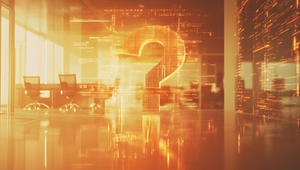 Question mark in modern office, blurred meeting room, code overlay
