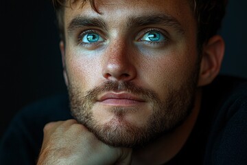 Obraz premium A young man with blue eyes gazes thoughtfully