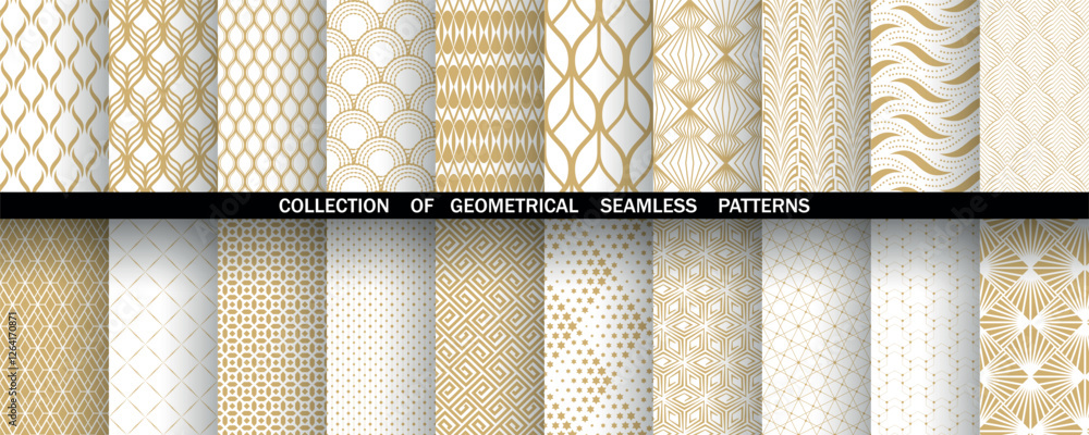 Aufkleber Geometric set of seamless golden and white patterns. Simple vector graphics