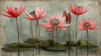 Vintage Floral Tapestry Soft Pink Water Lilies Textured Background Detailed Botanical Illustration Artistic Impression Delicate Petals