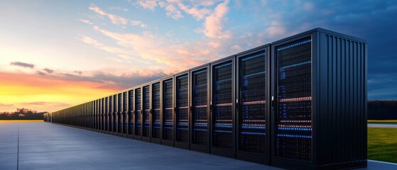 Modern Server Data Center with Rows of High-Tech Equipment Under Dramatic Sunset Sky