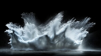 A powerful burst of water captured mid-motion, with dramatic lighting enhancing the transparency and depth of each droplet against a dark, moody backdrop