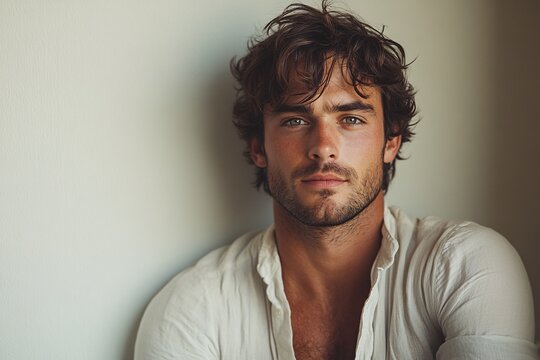 A young man with wavy brown hair poses against a wall
