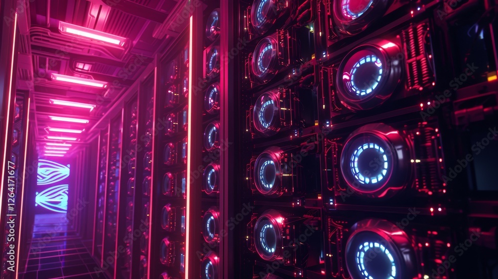 Poster a visually striking futuristic data center with rows of illuminated server racks in neon pink and bl