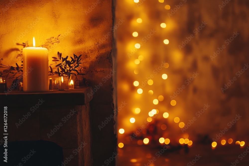 Poster warm candlelight creates a cozy atmosphere in a dimly lit room with decorative lights during an even