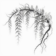 Isolated Tree Branch Engraving on Pure White Background  Detailed Black & White Artistry. A black and white drawing of a branch with leaves.