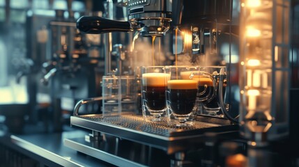 Fototapeta premium A stylish professional espresso machine brewing two cups of rich coffee in a modern cafe setting. Steam and warm lighting enhance the cozy ambiance of the coffee-making process. AI generated.