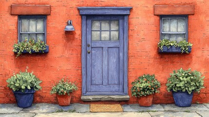 Serene Cottage Entrance: A Watercolor Painting of a Lavender Door and Orange Brick House