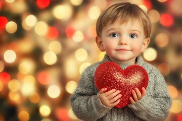 Ð¡hildren valentine's day greeting card: child boy with happy face holds red heart in hands. Sign of love. Commercial visual idea. Family holding red hearts. Heart in hands.