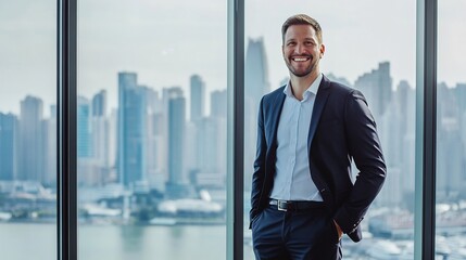 Fototapeta premium Smiling businessman standing in front of a large window overlooking a city skyline symbolizing ambition and growth